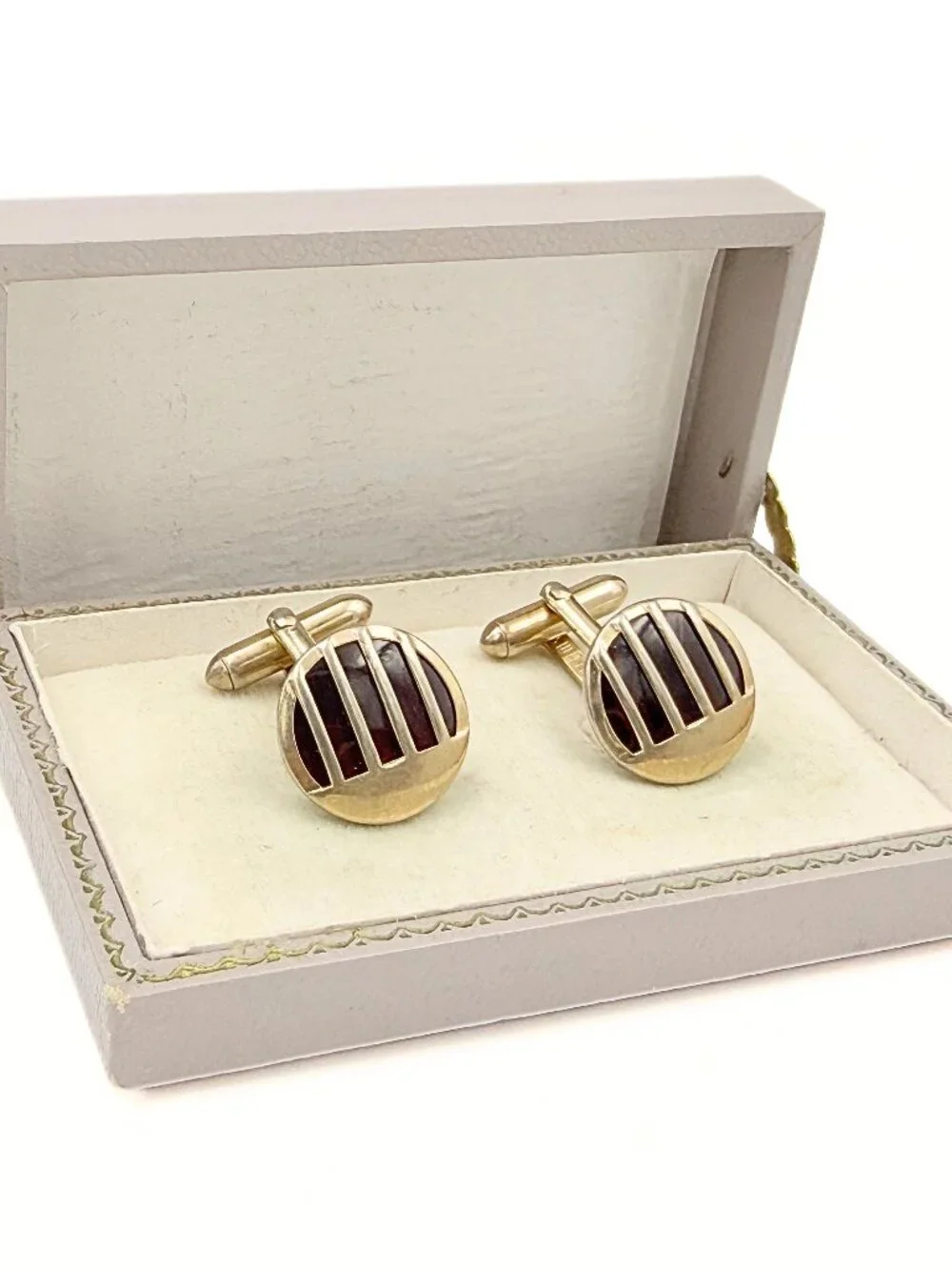 Swank Signed MCM Screen Cranberry Red Glass Art Deco Gold Plate Modern Cufflinks